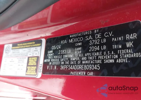 2024 Kia Forte Gt-Line z USA, uszkodzony, nr VIN 3KPF54AD0RE809345